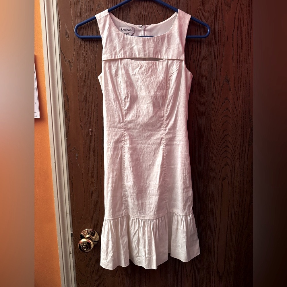 Y2K Bebe Peplum Cutout Fitted Sleeveless White Cotton Mini Dress Cocktail Ruffle